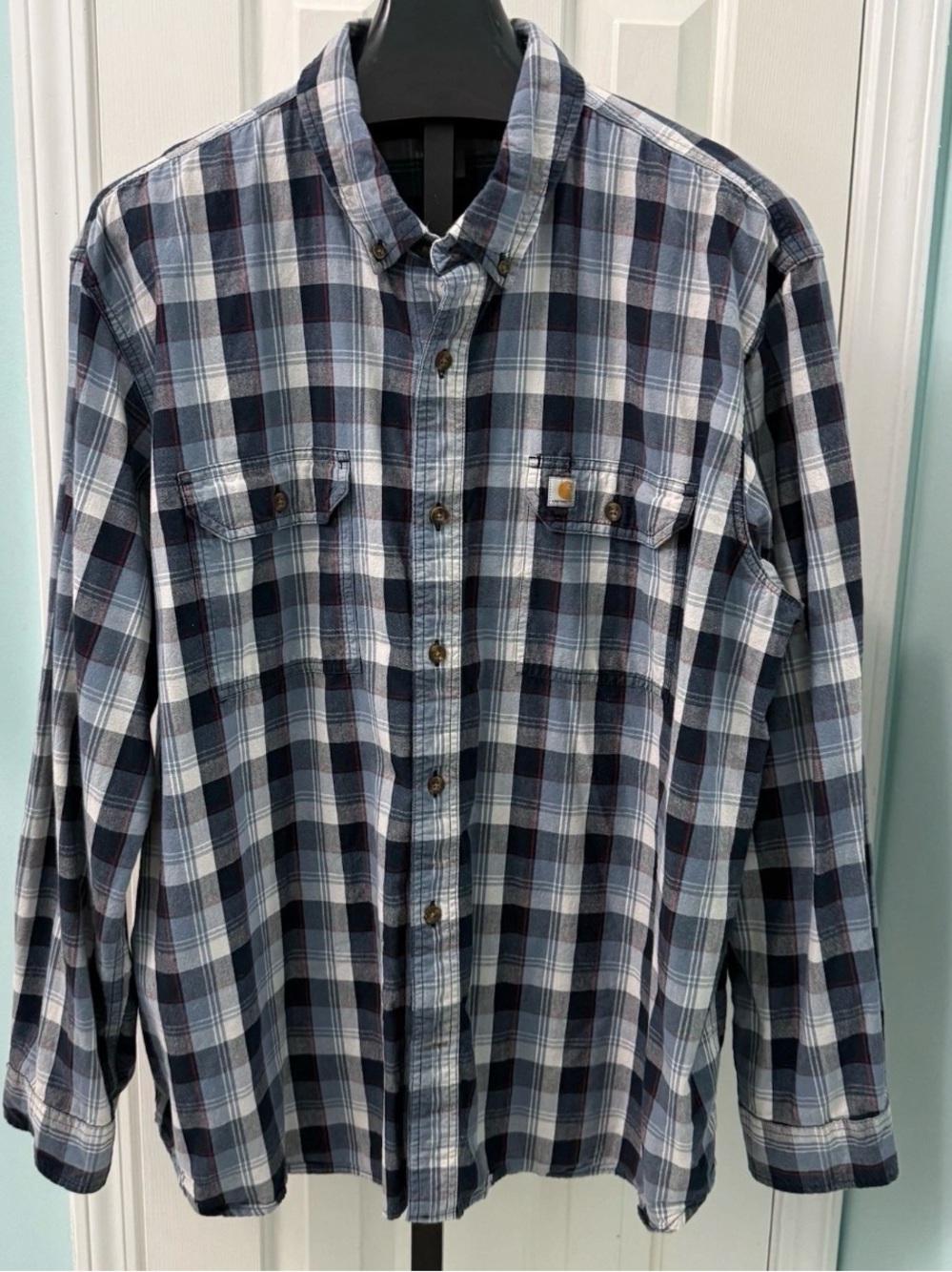 Carhartt Men's 3XL Relaxed Fit Blue Red Plaid Button Up Shirt Long Sleeve